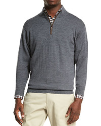 Peter Millar Leather Placket Quarter Zip Pullover Sweater Charcoal