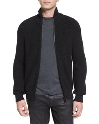 Belstaff Harleston Zip Up Ribbed Wool Sweater Charcoal Melange