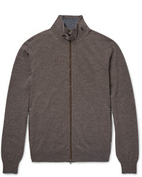 Hackett Mayfair Suede Trimmed Wool And Cashmere Blend Zip Up Cardigan