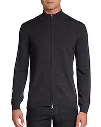 Saks Fifth Avenue BLACK Merino Wool Zip Front Sweater