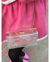 Choies White Transparent Clutch Bag With Lace Panel And Matallic Chain