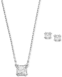 Swarovski Rhodium Plated Clear Crystal Square Stud Earrings And Pendant Necklace