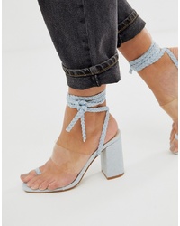Public Desire Mia Denim Clear Detail Ankle Tie Heeled Sandals