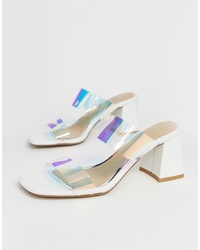 Head over Heels by Dune Head Over Heels Mocha White Flared Block Heeled Sandals With Clear Detail