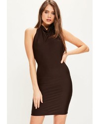 Missguided Brown High Neck Cowl Bodycon Dress