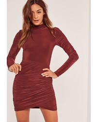 Missguided Slinky High Neck Ruched Bodycon Dress Brown