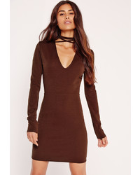 Missguided Tie Neck V Front Bodycon Dress Brown