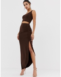 PrettyLittleThing Slinky One Shoulder Cut Out Midi Dress With Ruched Side Split In Chocolate