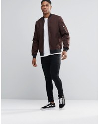 Asos Brand Bomber Jacket With Sleeve Zip In Dark Brown