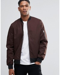 Asos Brand Bomber Jacket With Sleeve Zip In Dark Brown