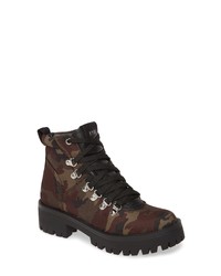 Dark Brown Camouflage Leather Lace-up Flat Boots