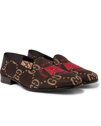 Gucci Gallipoli Collapsible Heel Leather Trimmed Embroidered Metallic Jacquard Loafers