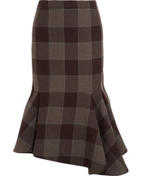 Balenciaga Asymmetric Checked Wool Skirt Chocolate