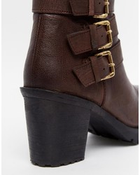 Ravel Buckle Strap Chunky Heeled Leather Ankle Boots