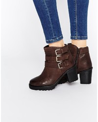 Ravel Buckle Strap Chunky Heeled Leather Ankle Boots