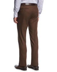 Kiton Wool Cashmere Flat Front Trousers Brown