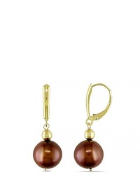 Ice 10 11mm Freshwater Brown Pearl And Mirror Gold Beaded 14k Yellow Gold Earrings