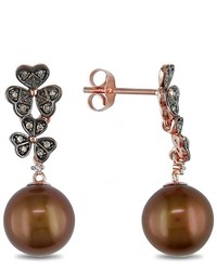 Amour 9 10mm Fw Pearl Brown White Diamond Earrings In 10k Pink Gold I1 I2
