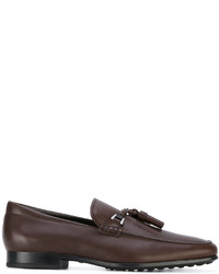 Dark Brown Embellished Leather Tassel Loafers