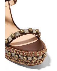 Christian Louboutin Cataconico 120 Embellished Leather Wedge Sandals Brown