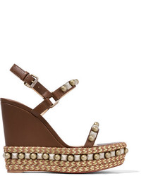 Christian Louboutin Cataconico 120 Embellished Leather Wedge Sandals Brown