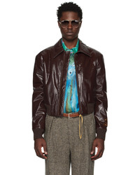 Dark Brown Embroidered Leather Bomber Jacket