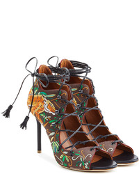Dark Brown Embroidered Satin Sandals