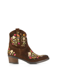 Dark Brown Embroidered Suede Ankle Boots