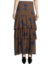 See by Chloe Floral Silk Tiered Maxi Skirt Coffee