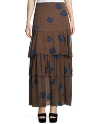 See by Chloe Floral Silk Tiered Maxi Skirt Coffee