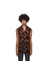 Dark Brown Floral Silk Short Sleeve Shirt