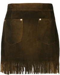 Dark Brown Fringe Leather Mini Skirt