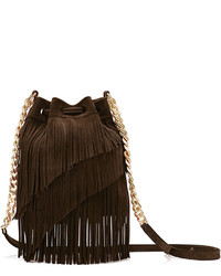 Elizabeth and James Suede Fringe Pouch Crossbody Bag Chocolate