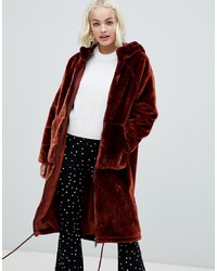Monki Faux Fur Zip Hooded Coat In Brown