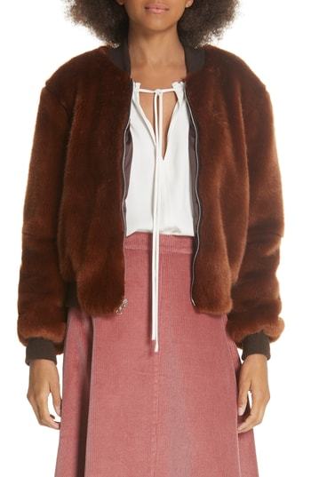 brown faux fur bomber jacket