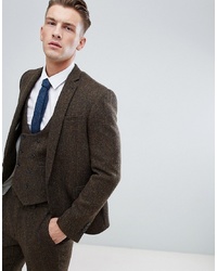 ASOS DESIGN Slim Suit Jacket In 100% Wool Harris Tweed In Brown Herringbone