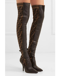 Fendi Rockoko Logo Jacquard Stretch Knit And Leather Over The Knee Boots