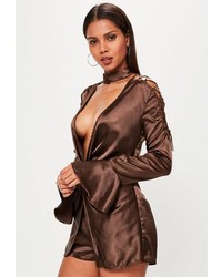 Missguided Brown 2 Piece Choker Lace Up Sleeve Satin Romper