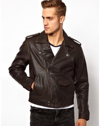 Asos Leather Biker Jacket In Slim Fit Brown