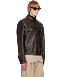 System Brown Spread Collar Faux Leather Jacket