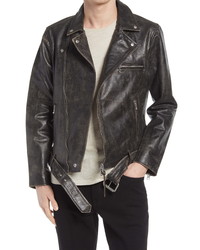 Men's Dark Brown Leather Biker Jacket, Black Dress Shirt, Navy Skinny ...
