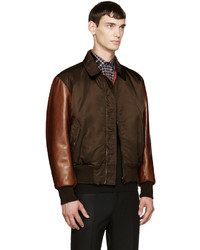Givenchy Green Brown Leather Sleeve Bomber