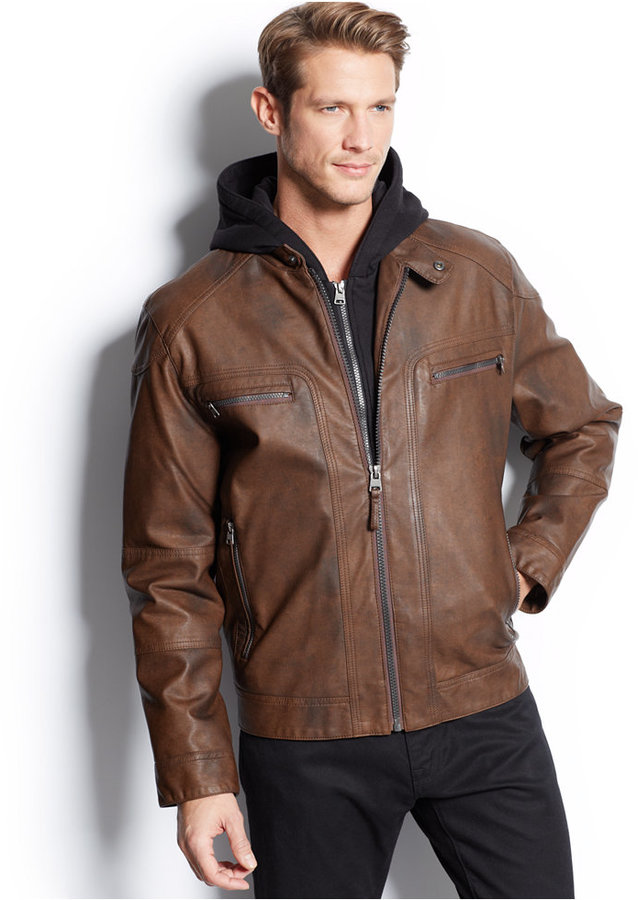 Overlappen vloeiend Voorstel Calvin Klein Hooded Faux Leather Moto Jacket, $225 | Macy's | Lookastic