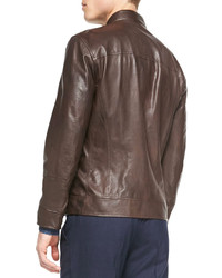 Brunello Cucinelli Leather Pilot Jacket Dark Brown