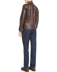 Brunello Cucinelli Leather Pilot Jacket Denim Polka Dot Sport Shirt Single Pleat Wool Trousers