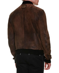 Dolce & Gabbana Treated Leather Zip Up Bomber Jacket Brown
