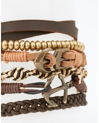 Asos Brand Leather Bracelet Pack In Brown With Anchor And Gold Beads