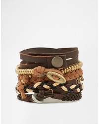 Asos Brand Leather Bracelet Pack In Brown With Anchor And Gold Beads