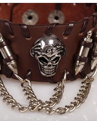 ChicNova Brown Leather Bracelet With Bulletchain And Skull Detail