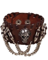 ChicNova Brown Leather Bracelet With Bulletchain And Skull Detail